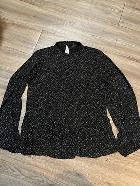 LOFT Black Long-Sleeve Peplum Top with White Dot Print